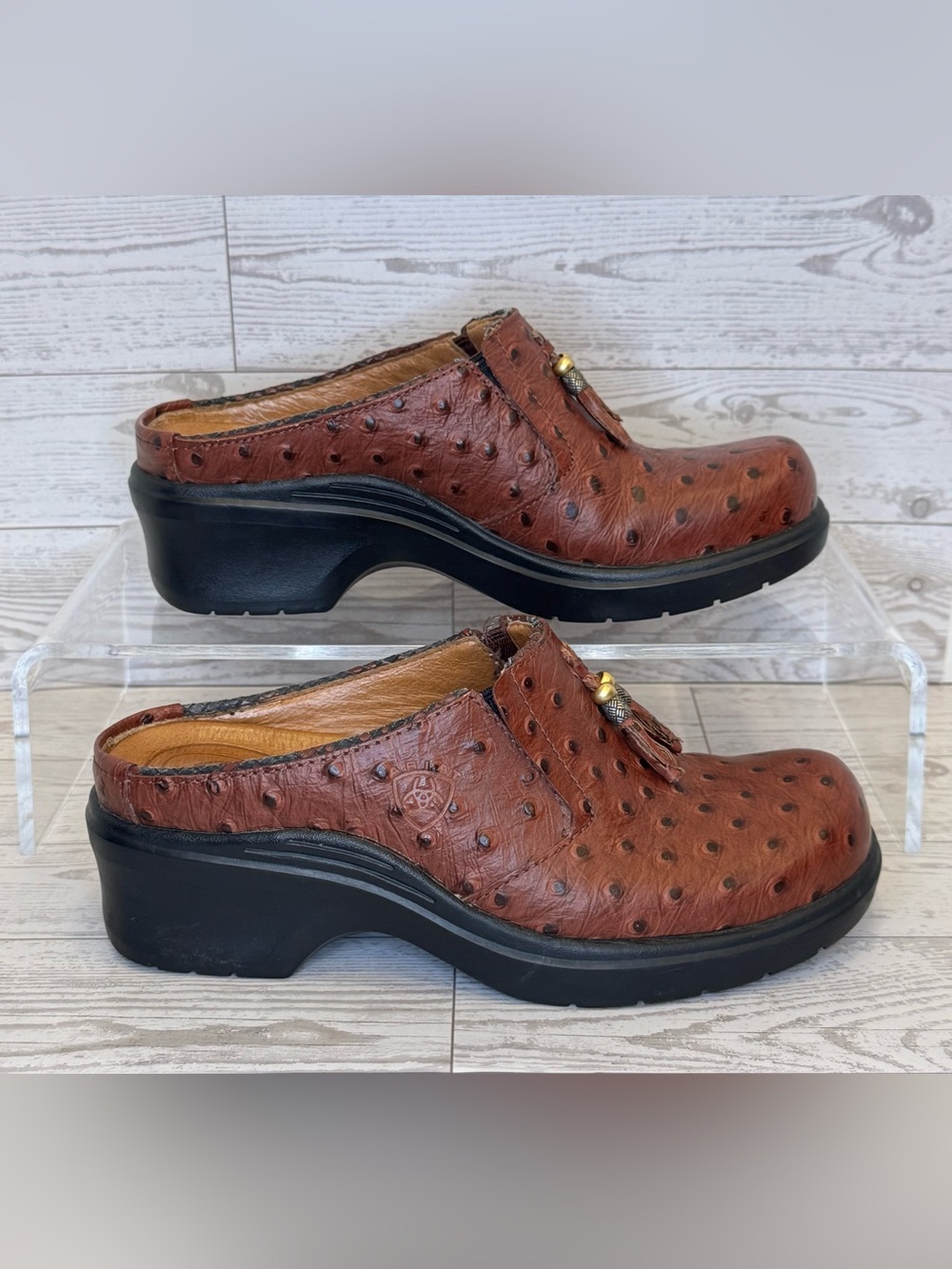 Ariat Brown Ostrich-Embossed Slip-On Clog with Tassel